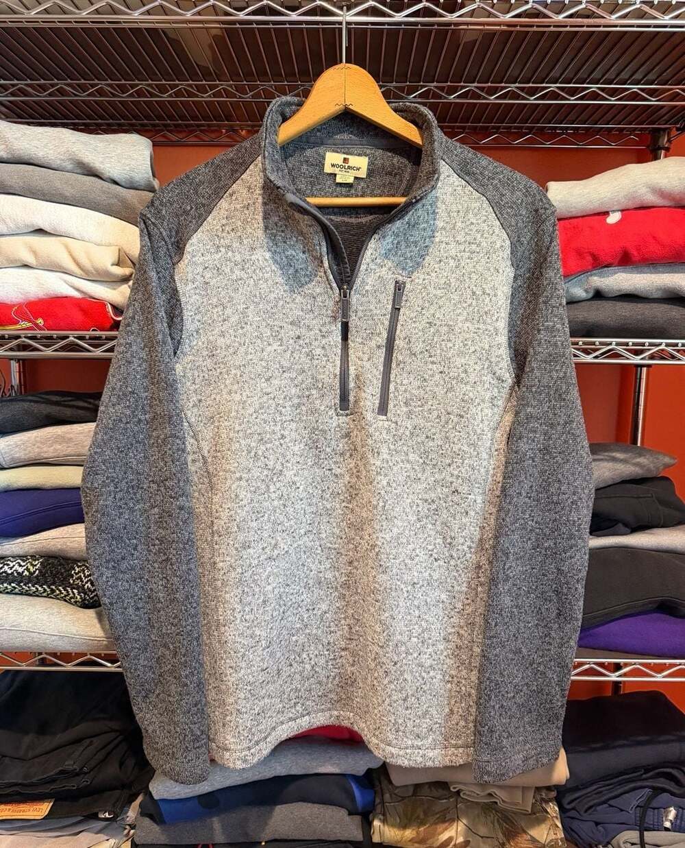 Woolrich Quarter Zip Sweater Size L Gray Fleece Pocket Pullover